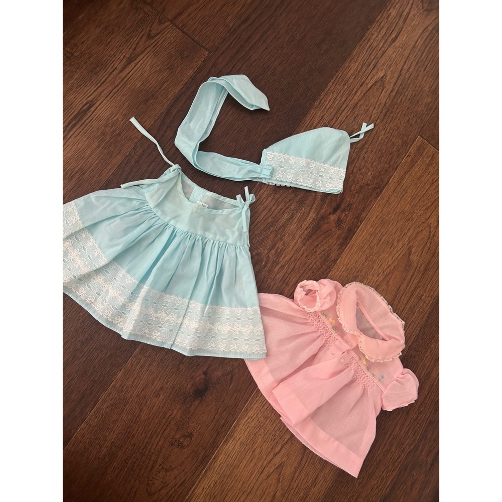 Vintage Nannette Baby Girl Smocked Top & Blue Lace Sun Dress Bonnet Set